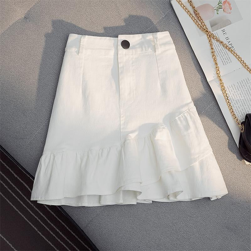 Women's Skirt White Denim Irregular Ruffles - PratSN