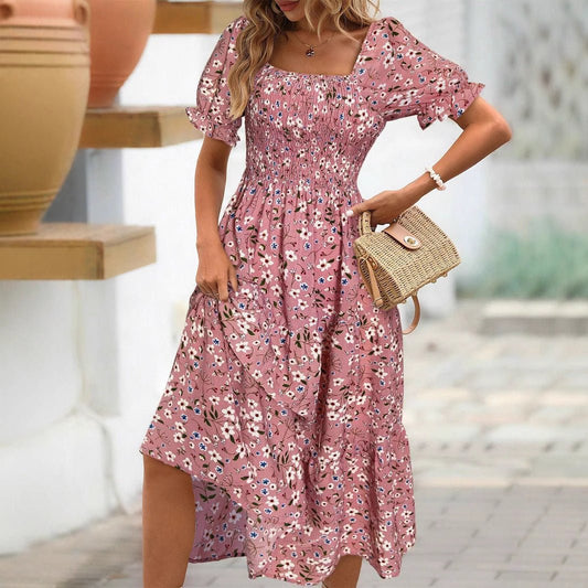 Women's Sleeve Waist Roll Square Collar Dress Woven Digital - PratSN