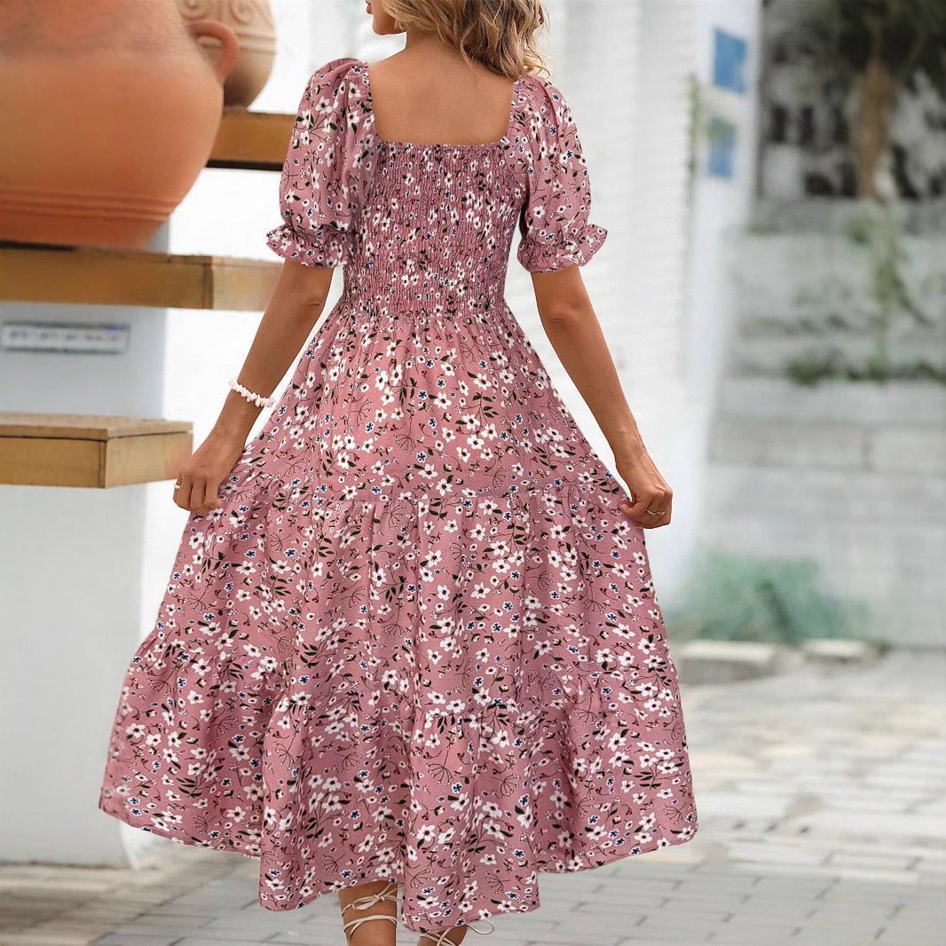 Women's Sleeve Waist Roll Square Collar Dress Woven Digital - PratSN