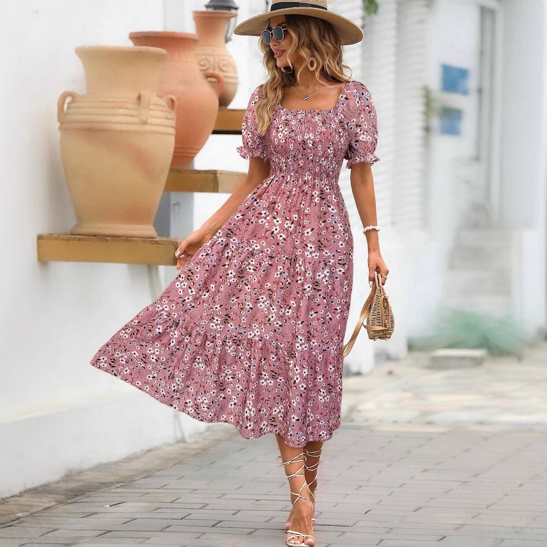 Women's Sleeve Waist Roll Square Collar Dress Woven Digital - PratSN