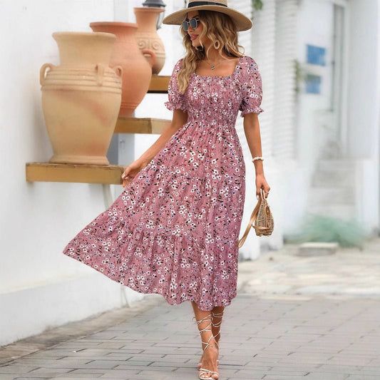 Women's Sleeve Waist Roll Square Collar Dress Woven Digital - PratSN