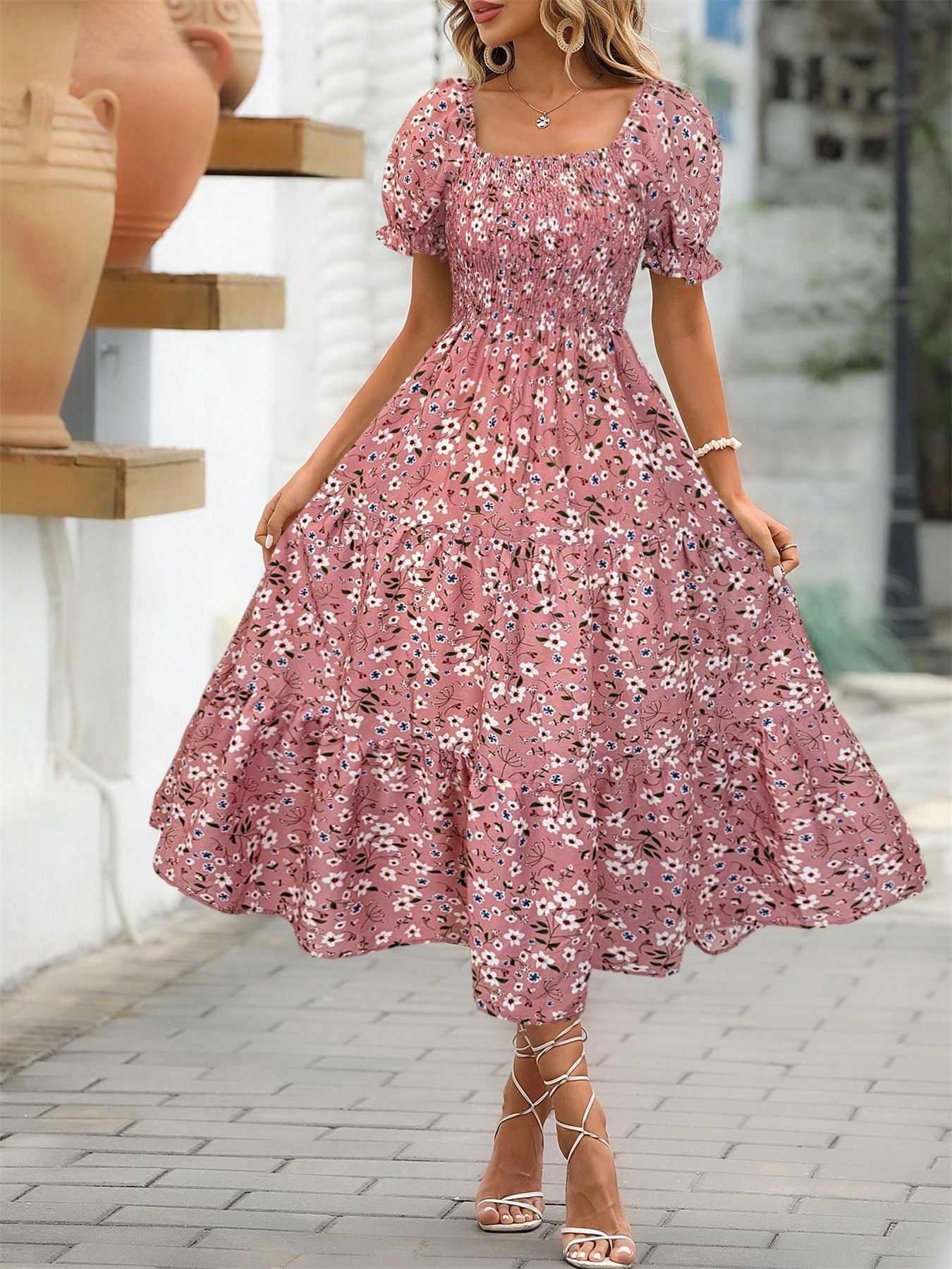 Women's Sleeve Waist Roll Square Collar Dress Woven Digital - PratSN