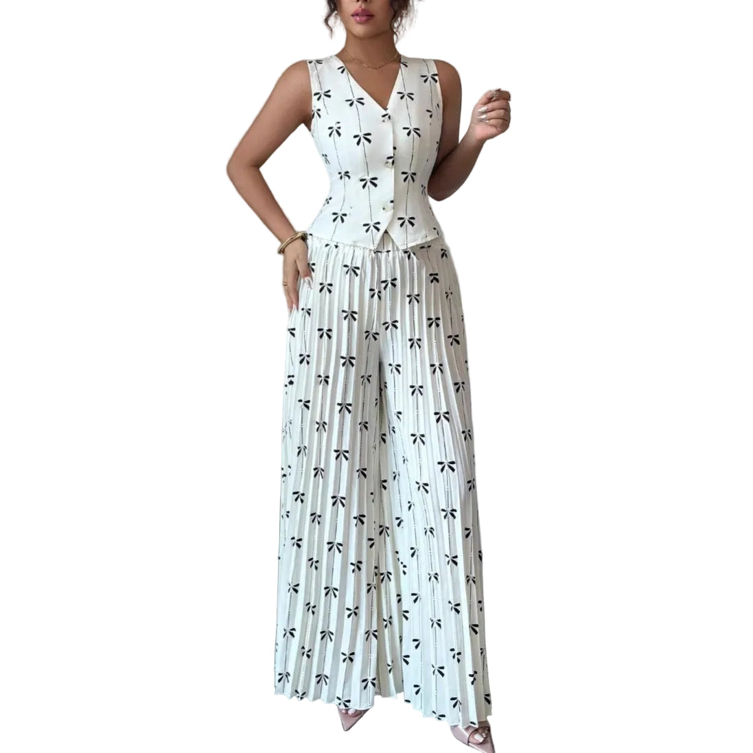 Women's Sleeveless Fitted Vest Top And High - waisted Wide - leg Pants Two - piece Set - PratSN
