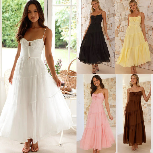 Women's Sleeveless Splicing Sling Long Tie Large Swing Dress - PratSN