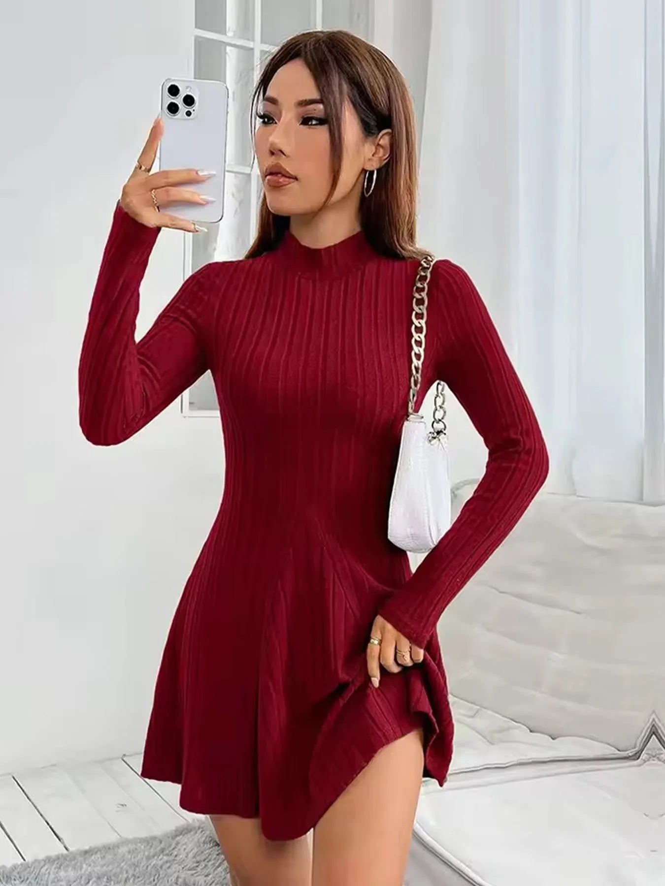 Women's slim fit half high collar waist cinched A - line skirt long sleeved pit stripe dress - PratSN