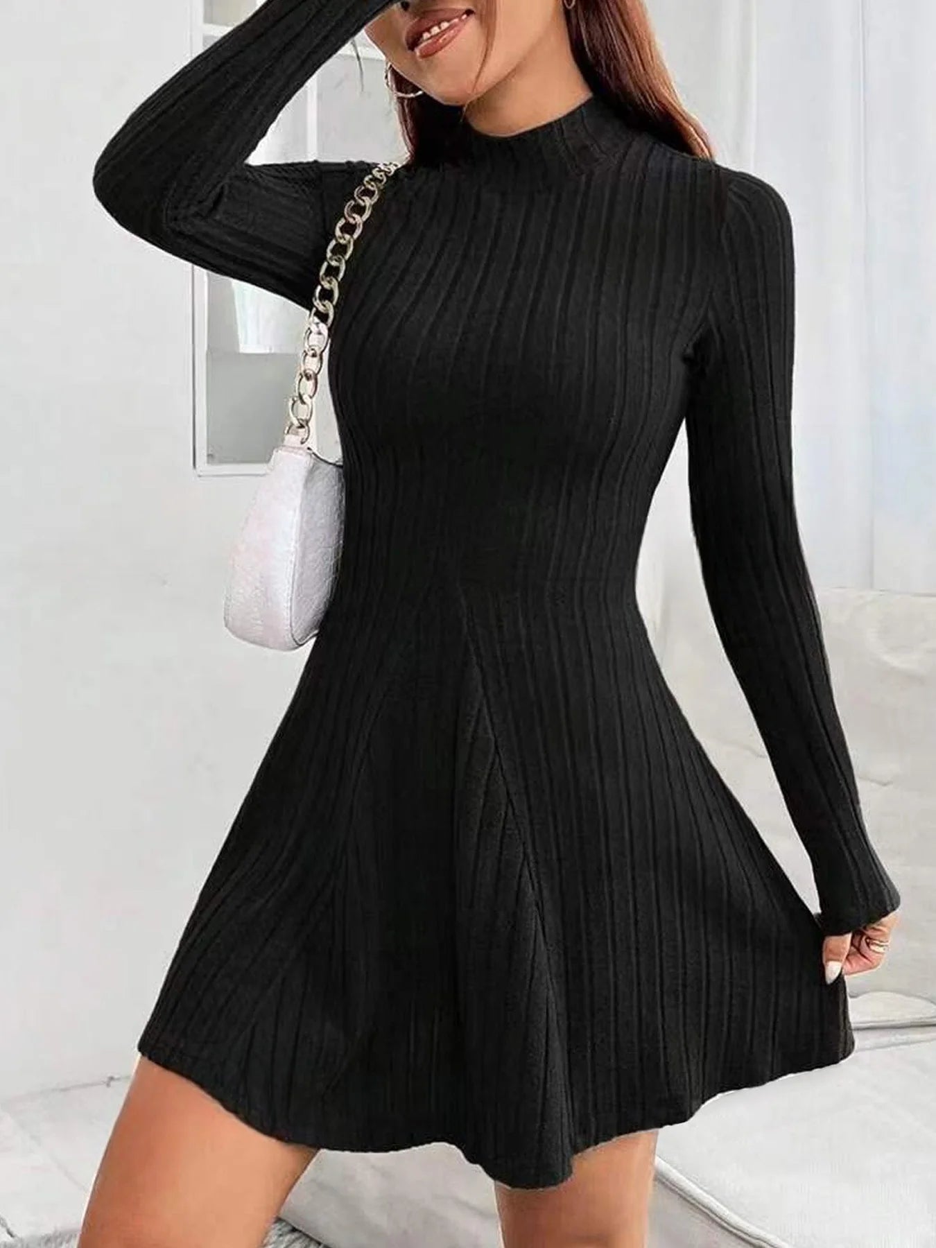 Women's slim fit half high collar waist cinched A - line skirt long sleeved pit stripe dress - PratSN