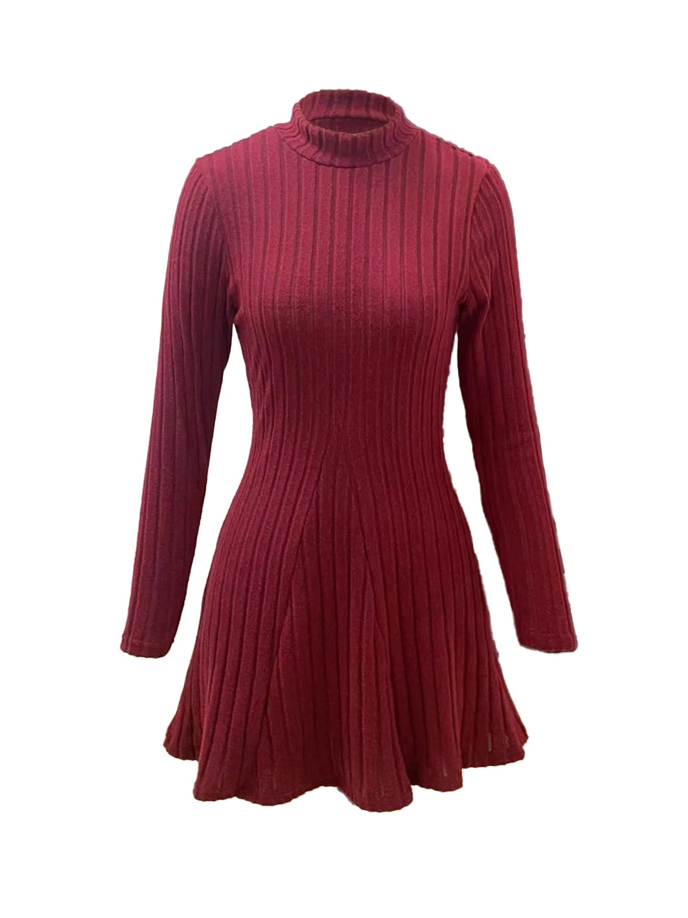 Women's slim fit half high collar waist cinched A - line skirt long sleeved pit stripe dress - PratSN