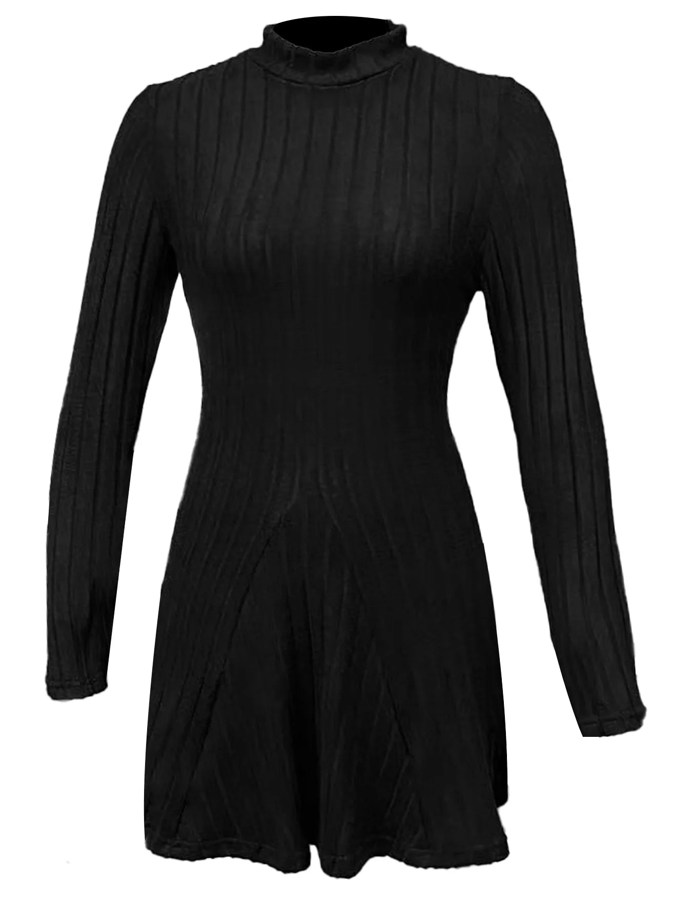 Women's slim fit half high collar waist cinched A - line skirt long sleeved pit stripe dress - PratSN