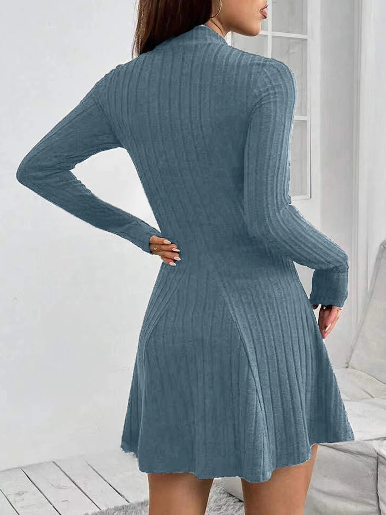 Women's slim fit half high collar waist cinched A - line skirt long sleeved pit stripe dress - PratSN