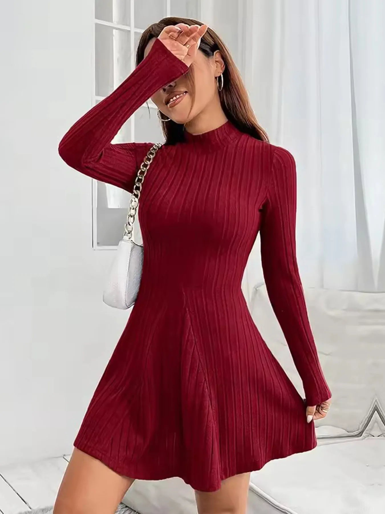 Women's slim fit half high collar waist cinched A - line skirt long sleeved pit stripe dress - PratSN