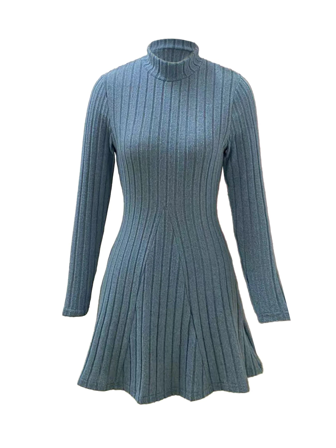 Women's slim fit half high collar waist cinched A - line skirt long sleeved pit stripe dress - PratSN