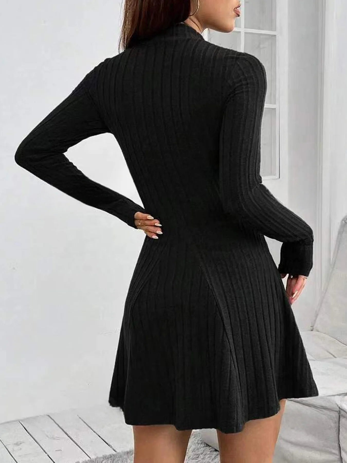 Women's slim fit half high collar waist cinched A - line skirt long sleeved pit stripe dress - PratSN