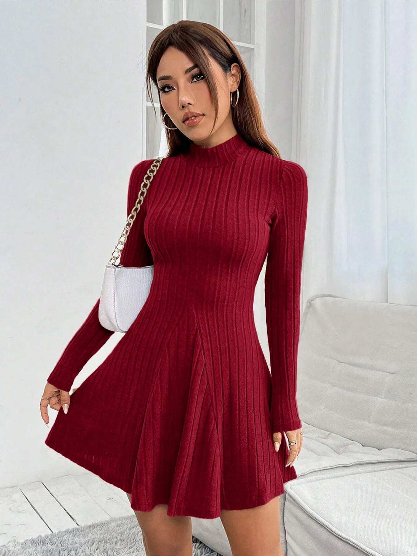 Women's slim fit half high collar waist cinched A - line skirt long sleeved pit stripe dress - PratSN