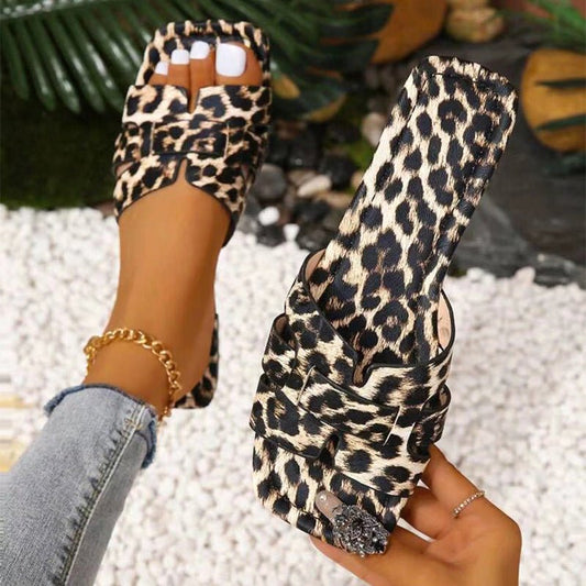 Women's Slipper Simple Casual Suitable For Daily Wear PU Sandals Summer New Plus Size Leopard Print Square Toe Sandals - PratSN