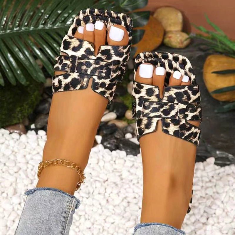 Women's Slipper Simple Casual Suitable For Daily Wear PU Sandals Summer New Plus Size Leopard Print Square Toe Sandals - PratSN