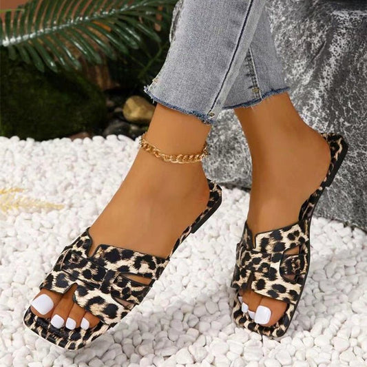 Women's Slipper Simple Casual Suitable For Daily Wear PU Sandals Summer New Plus Size Leopard Print Square Toe Sandals - PratSN