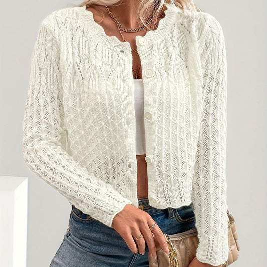 Women's Solid Color Elegant Round Neck Cardigan Top - Button Front Openwork Knit Top For Spring&Summer - PratSN