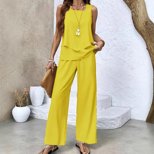 Women's Solid Color Square Neck Sleeveless Casual Top Paired With Straight Leg Pants Set - PratSN