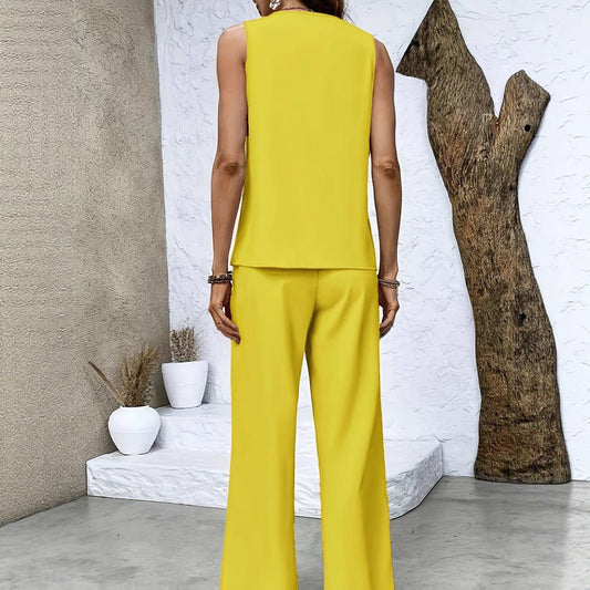 Women's Solid Color Square Neck Sleeveless Casual Top Paired With Straight Leg Pants Set - PratSN