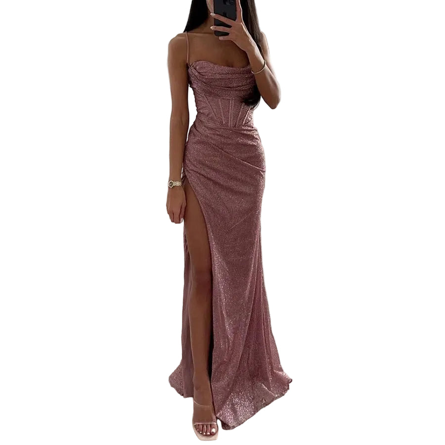 Women's Split Suspender Dress Summer Fashion Evening Party Slim V - neck Long Dresses - PratSN