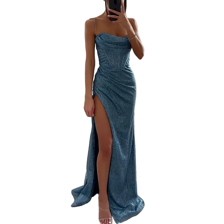 Women's Split Suspender Dress Summer Fashion Evening Party Slim V - neck Long Dresses - PratSN