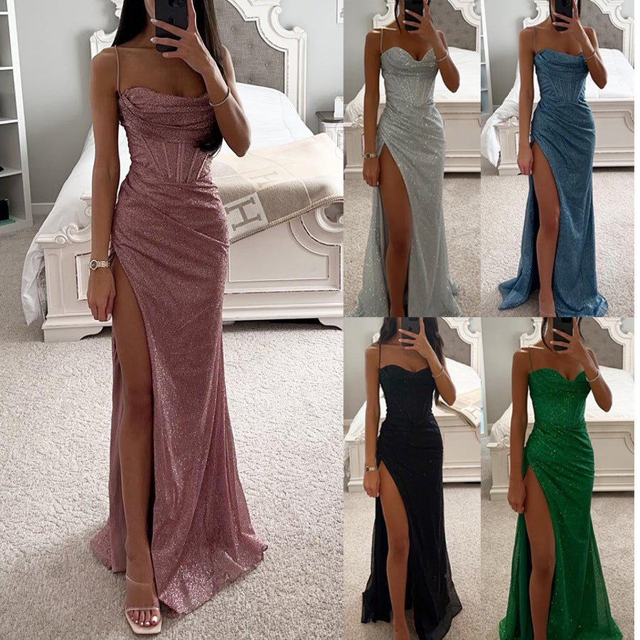 Women's Split Suspender Dress Summer Fashion Evening Party Slim V - neck Long Dresses - PratSN