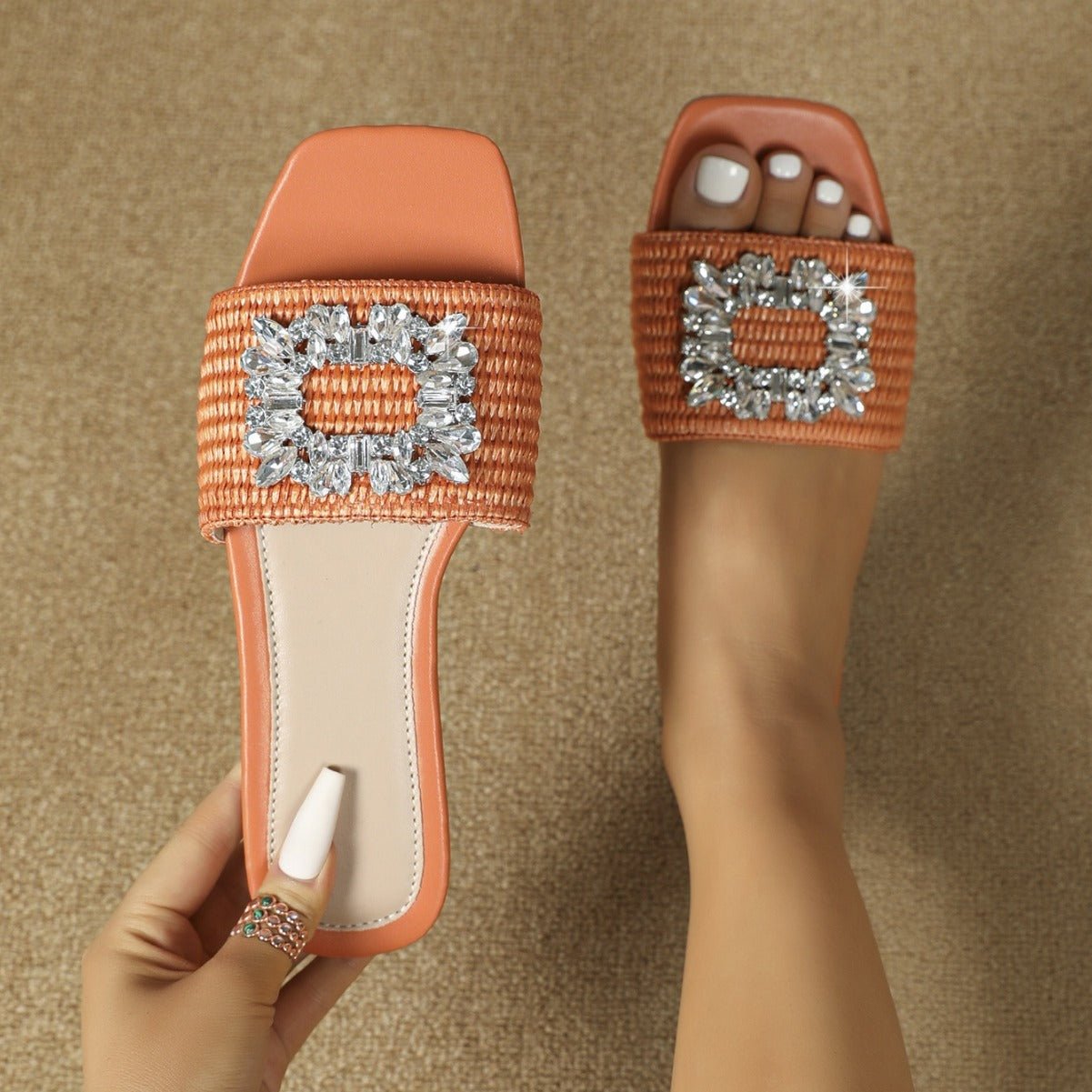 women's Square Head Straw Rhinestone Flat For Outdoors Vacation Leisure All - matching Slippers - PratSN