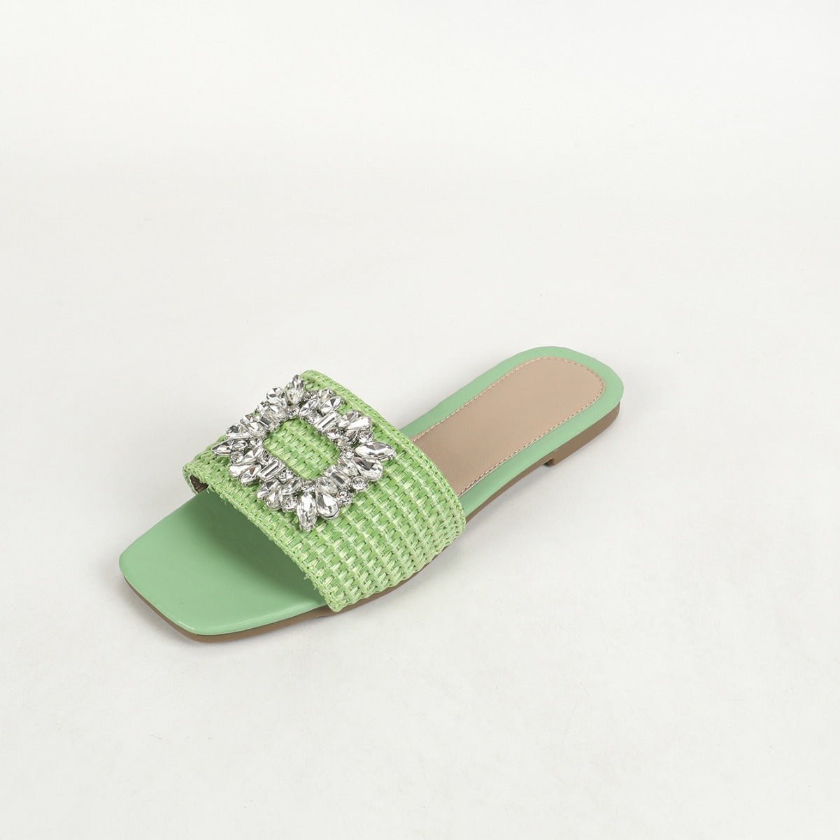 women's Square Head Straw Rhinestone Flat For Outdoors Vacation Leisure All - matching Slippers - PratSN