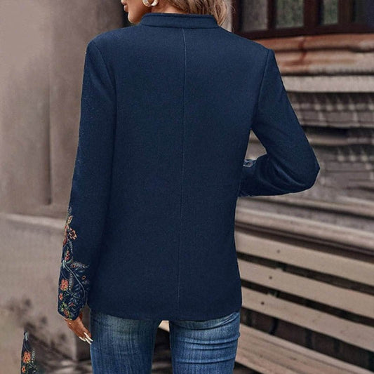 Women's Stand Collar Solid Color Floral Print Blazer Fashion Double - Breasted Fall & Winter Jacket - PratSN