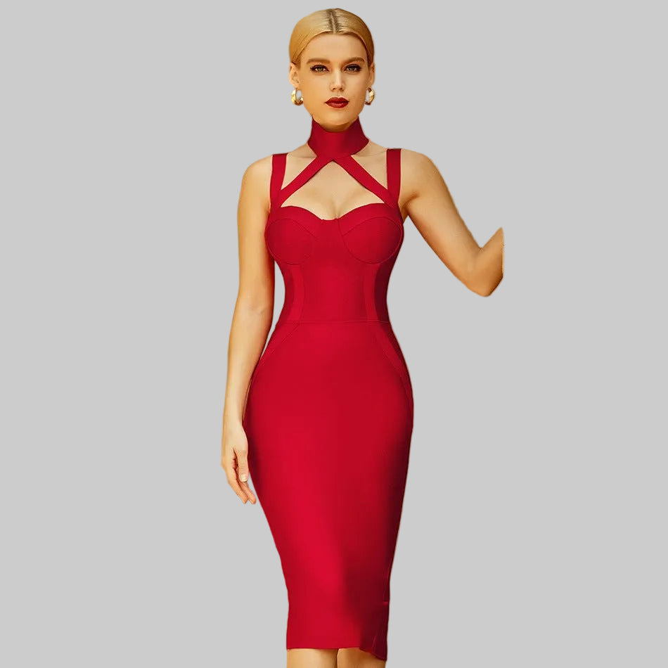 Women's Stand - up Collar Sleeveless Red Suspender Midi Dress - PratSN
