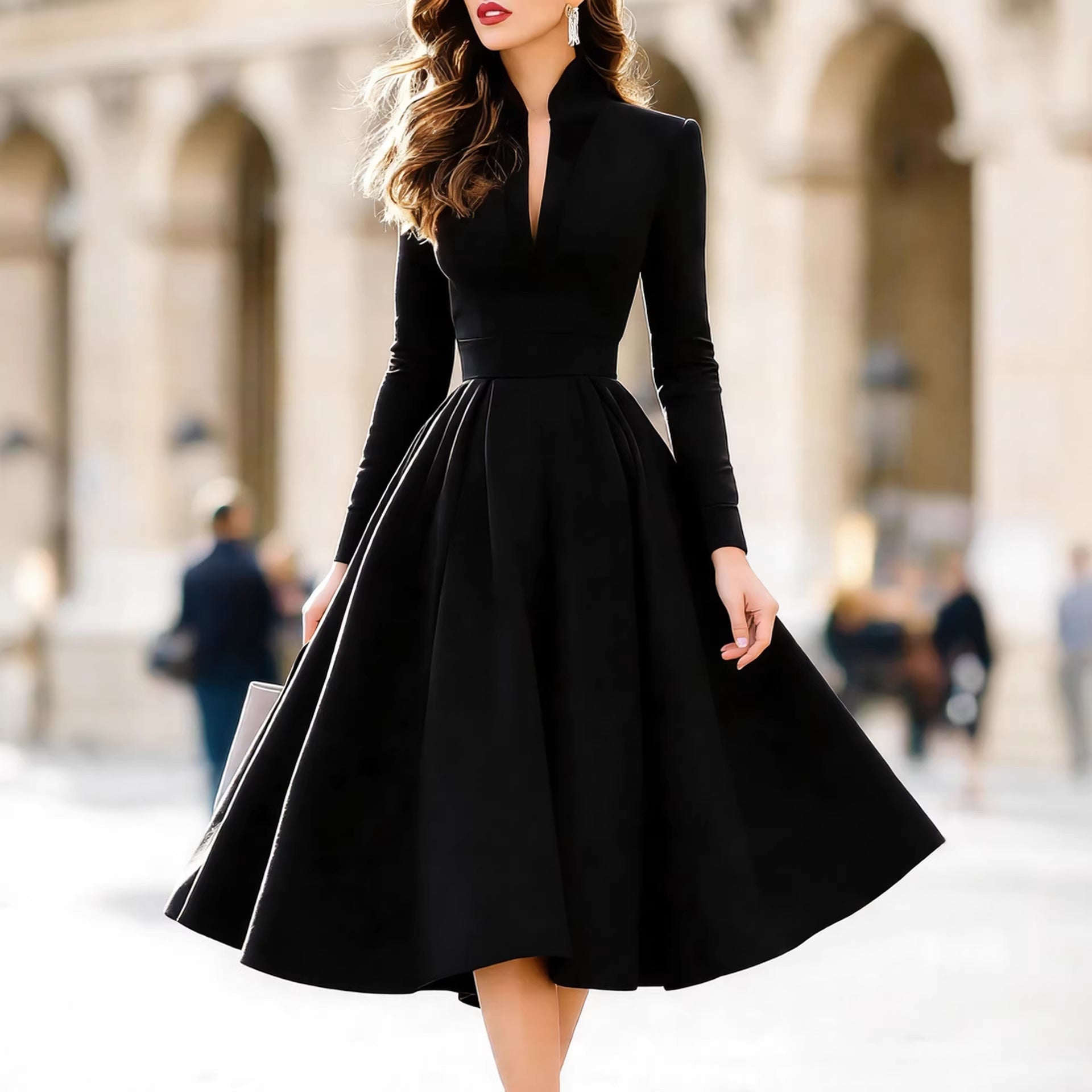 Women's Stylish And Elegant V - neck Satin Long - sleeve Dress With A Tie Waist - PratSN