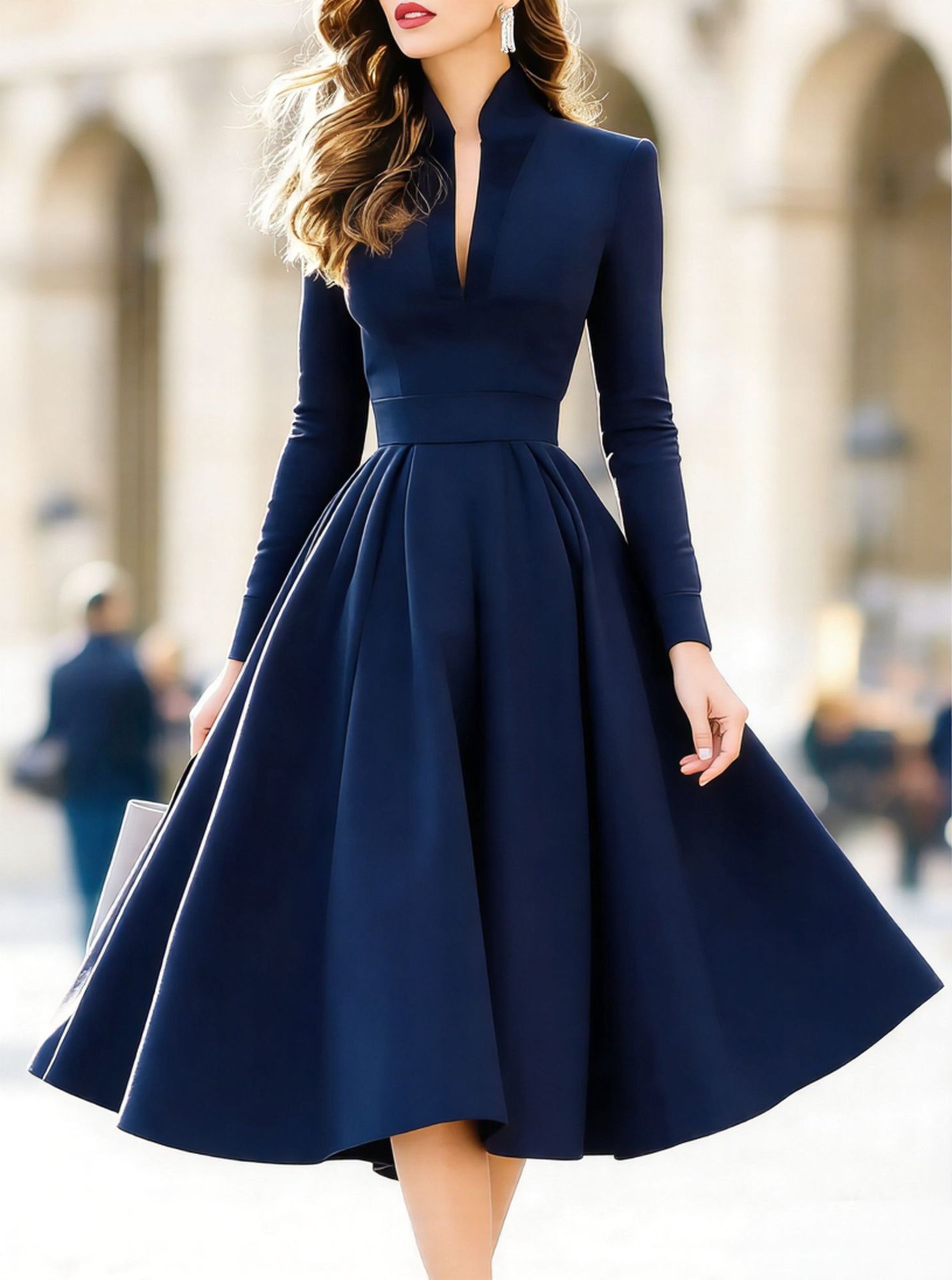 Women's Stylish And Elegant V - neck Satin Long - sleeve Dress With A Tie Waist - PratSN