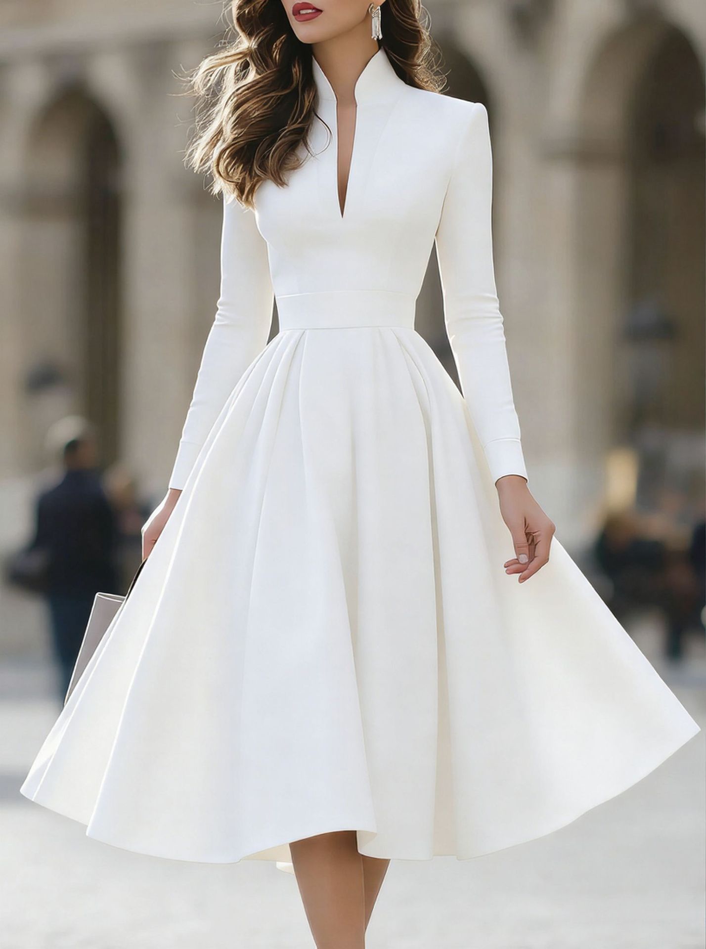 Women's Stylish And Elegant V - neck Satin Long - sleeve Dress With A Tie Waist - PratSN
