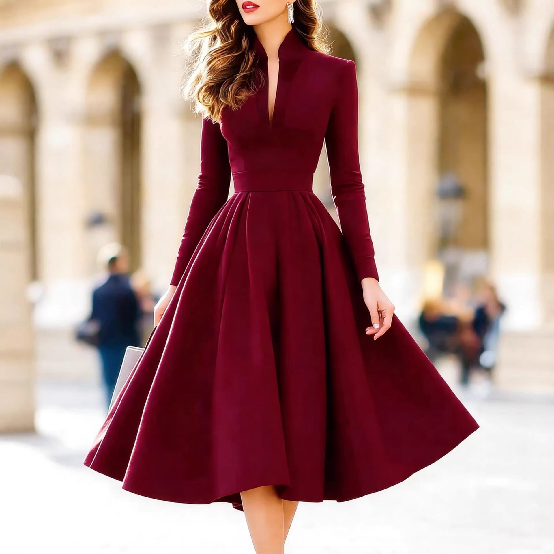 Women's Stylish And Elegant V - neck Satin Long - sleeve Dress With A Tie Waist - PratSN