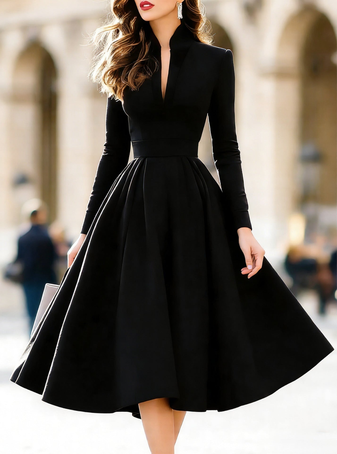 Women's Stylish And Elegant V - neck Satin Long - sleeve Dress With A Tie Waist - PratSN
