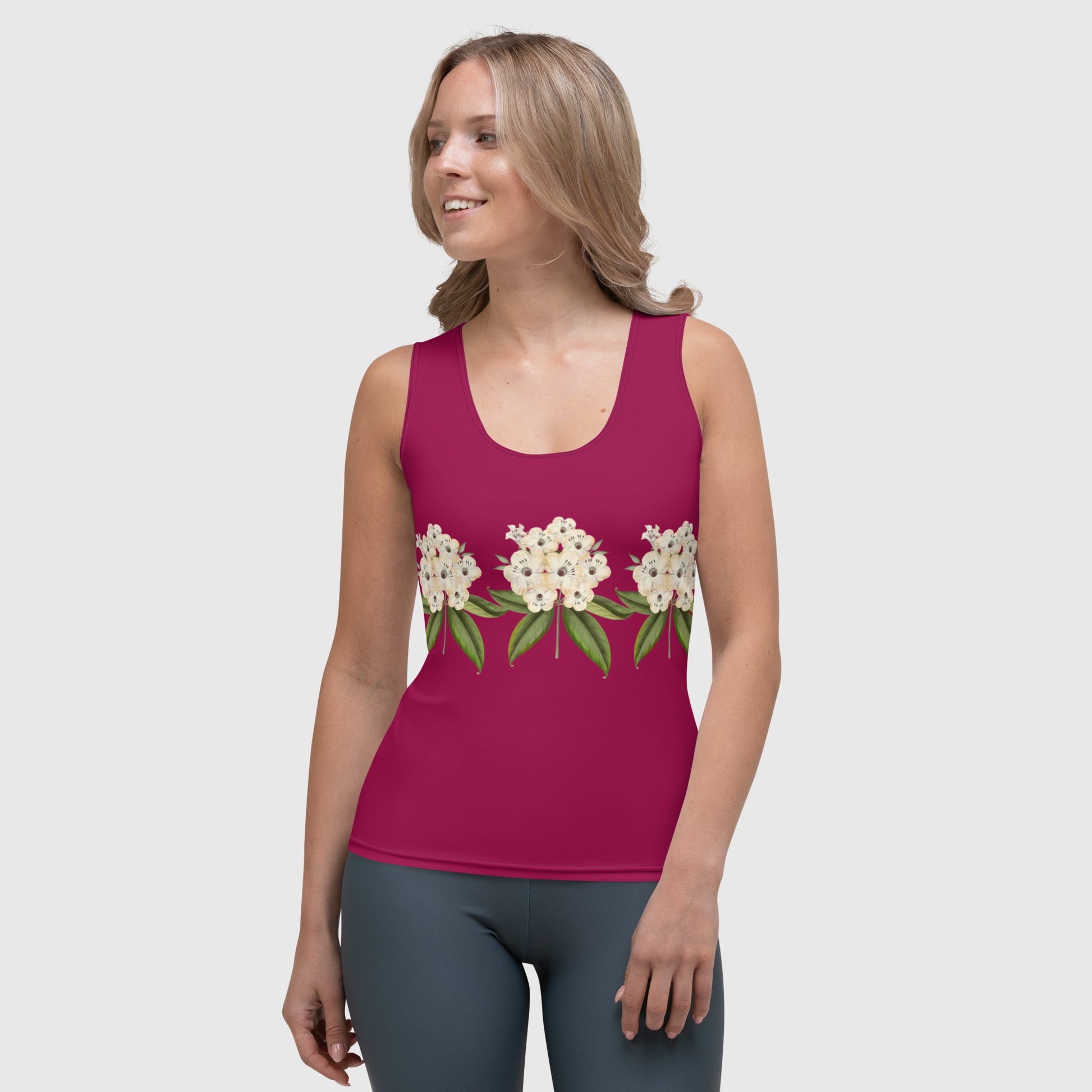 Women's sublimation cut & sew tank top, Burgundy tank top, Blooming pattern tank top, Hand sewn, tank top for summer and spring - PratSN