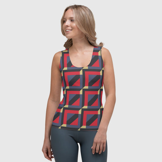 Women's sublimation cut & sew tank top, Red - gray - yellow tank top, Multicolor and geometric pattern tank top, Hand sewn, tank top for summer and spring - PratSN