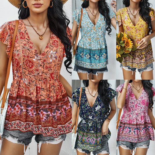Women's Summer Bohemian Short Sleeve Top T-Shirt - PratSN