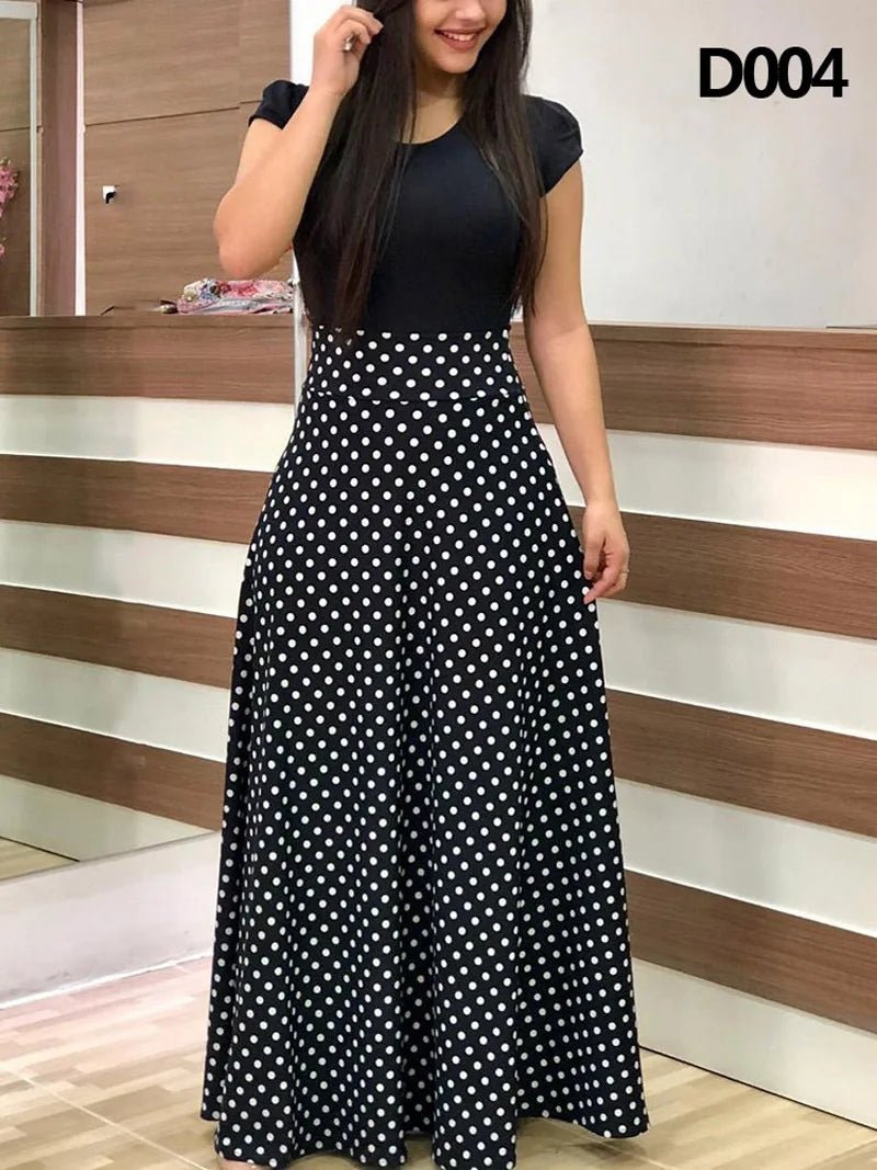 Women's Summer Casual Polka Dot Print Patchwork Long Dr Ele Faionable Maxi Gown for Spring Autumn Seasons - PratSN
