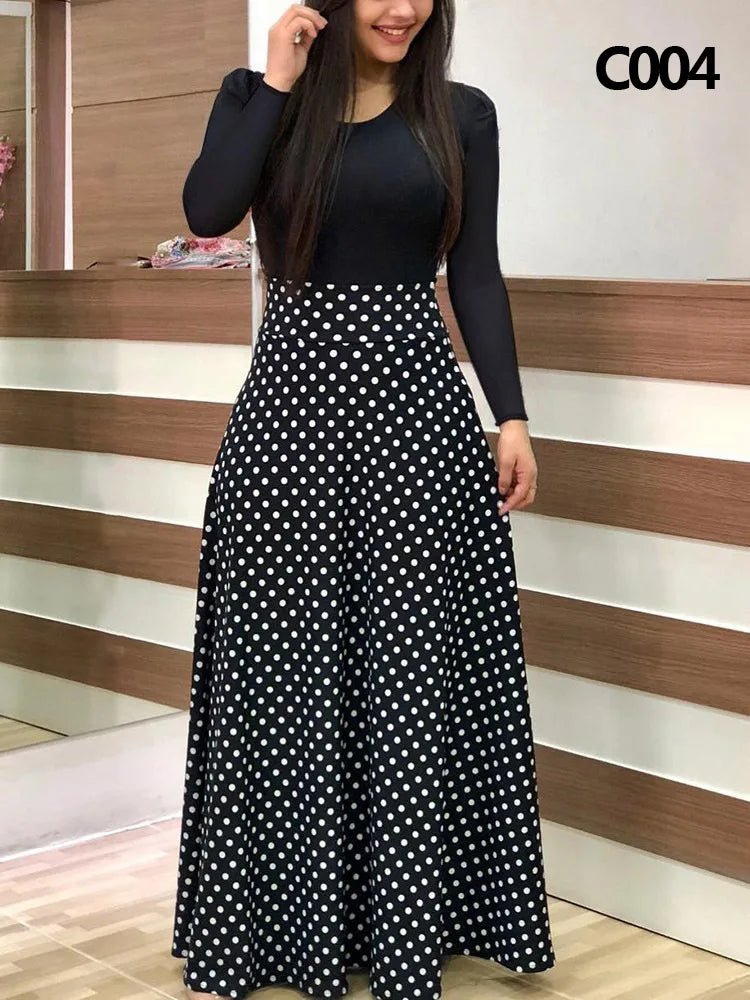 Women's Summer Casual Polka Dot Print Patchwork Long Dr Ele Faionable Maxi Gown for Spring Autumn Seasons - PratSN