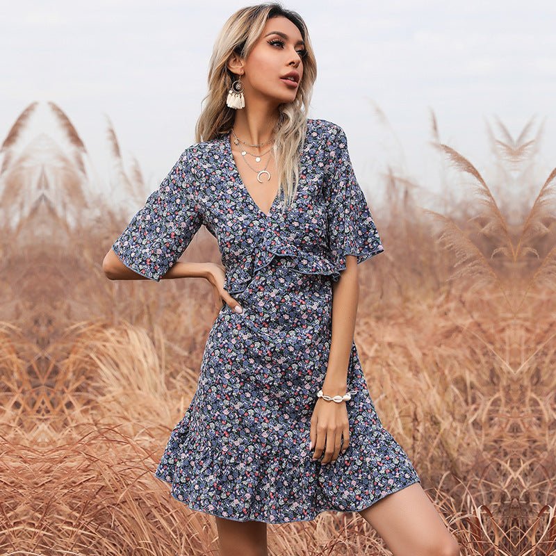 Women's Summer Floral Short Sleeve Back Ruffle Dress - PratSN