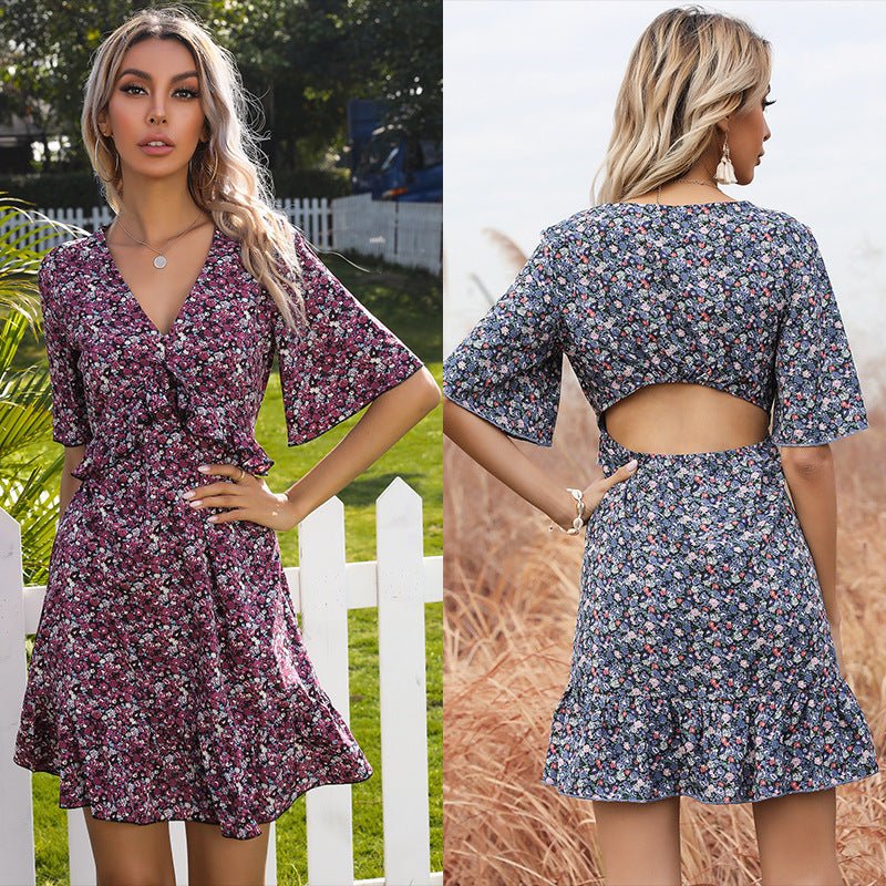 Women's Summer Floral Short Sleeve Back Ruffle Dress - PratSN