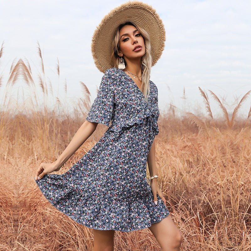 Women's Summer Floral Short Sleeve Back Ruffle Dress - PratSN