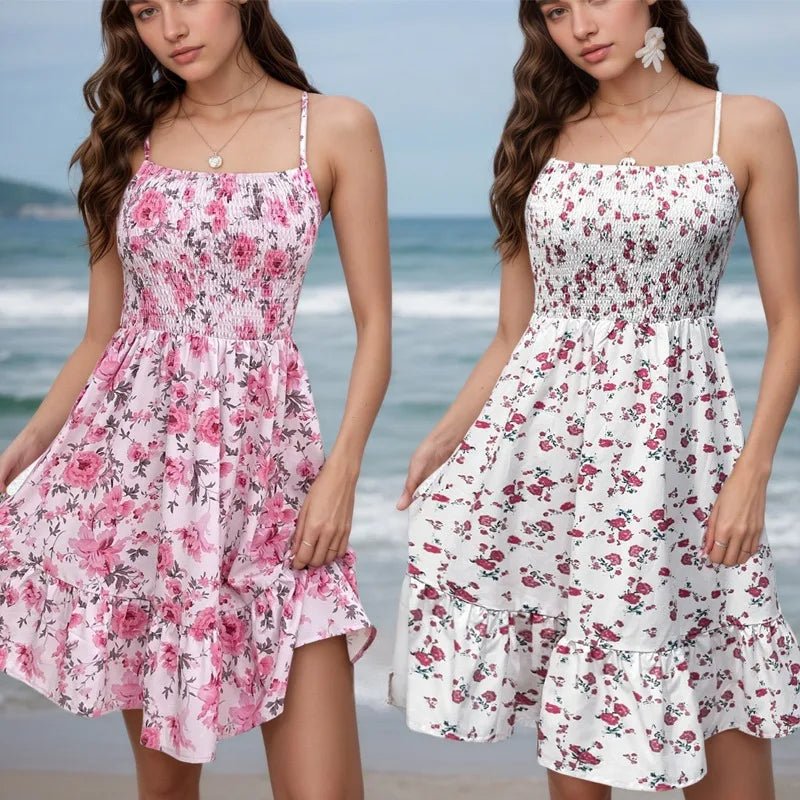 Women's Summer Floral Smocked Waist Spaghetti Straps Mini Beach Dress - PratSN