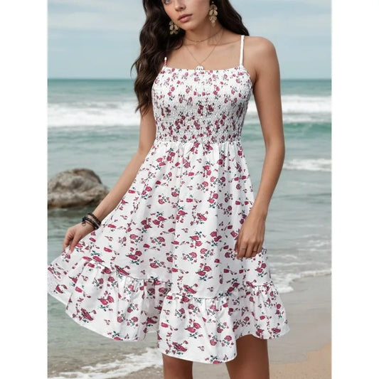 Women's Summer Floral Smocked Waist Spaghetti Straps Mini Beach Dress - PratSN