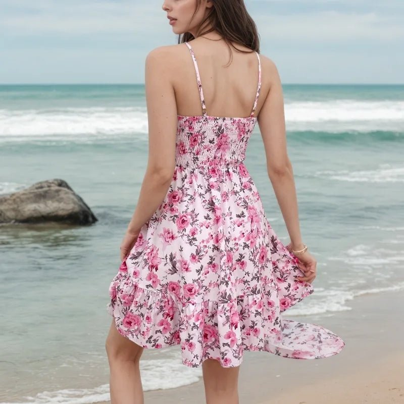 Women's Summer Floral Smocked Waist Spaghetti Straps Mini Beach Dress - PratSN