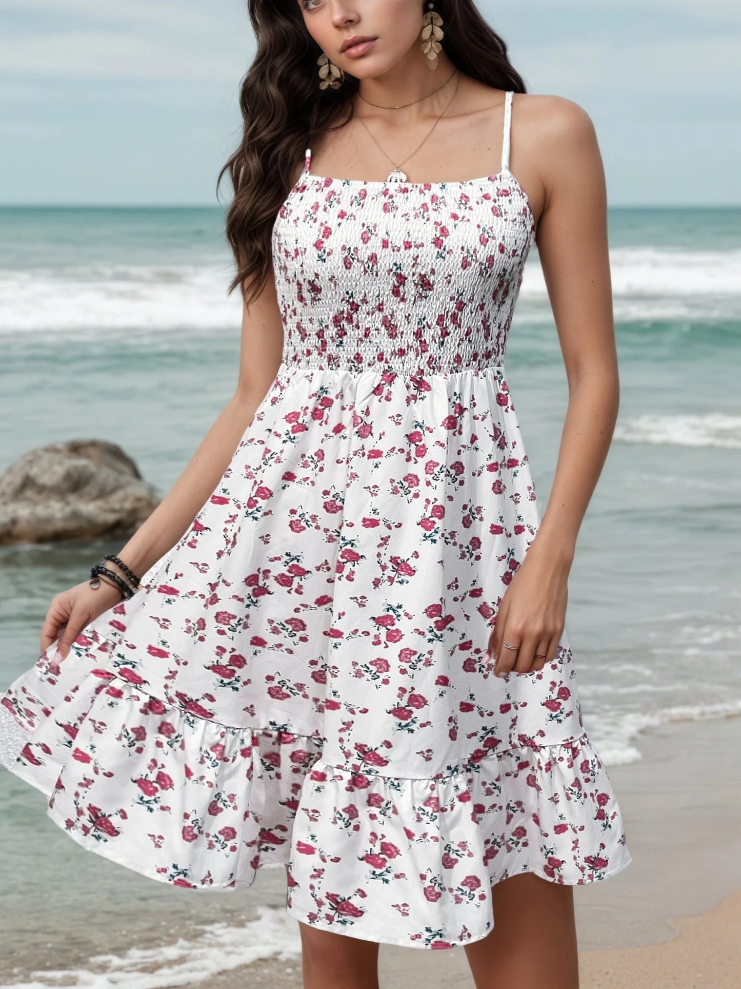 Women's Summer Floral Smocked Waist Spaghetti Straps Mini Beach Dress - PratSN