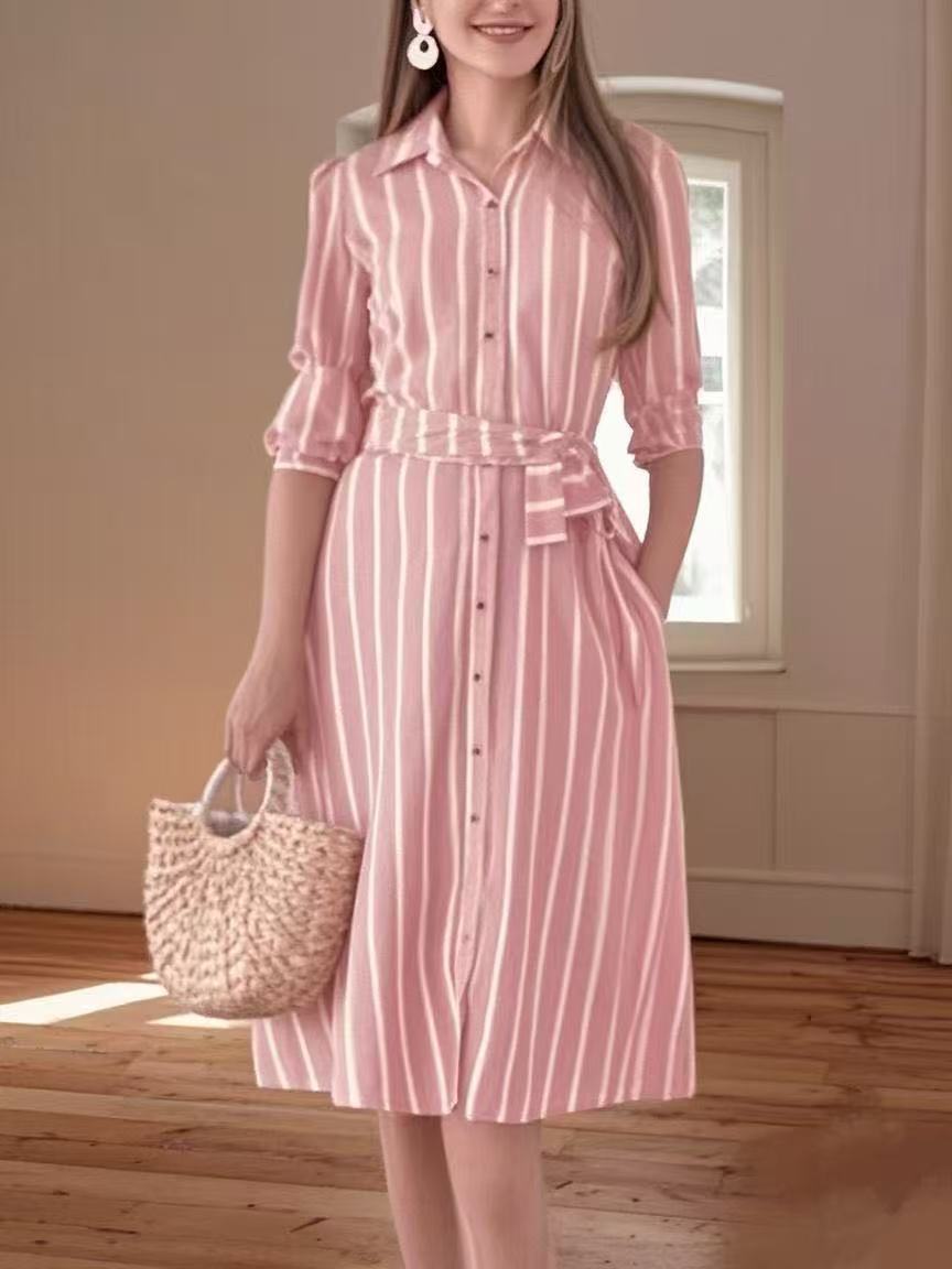 Women's Summer Plus Size Cotton Polyester Blended Striped Dress - PratSN