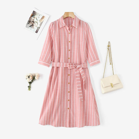 Women's Summer Plus Size Cotton Polyester Blended Striped Dress - PratSN