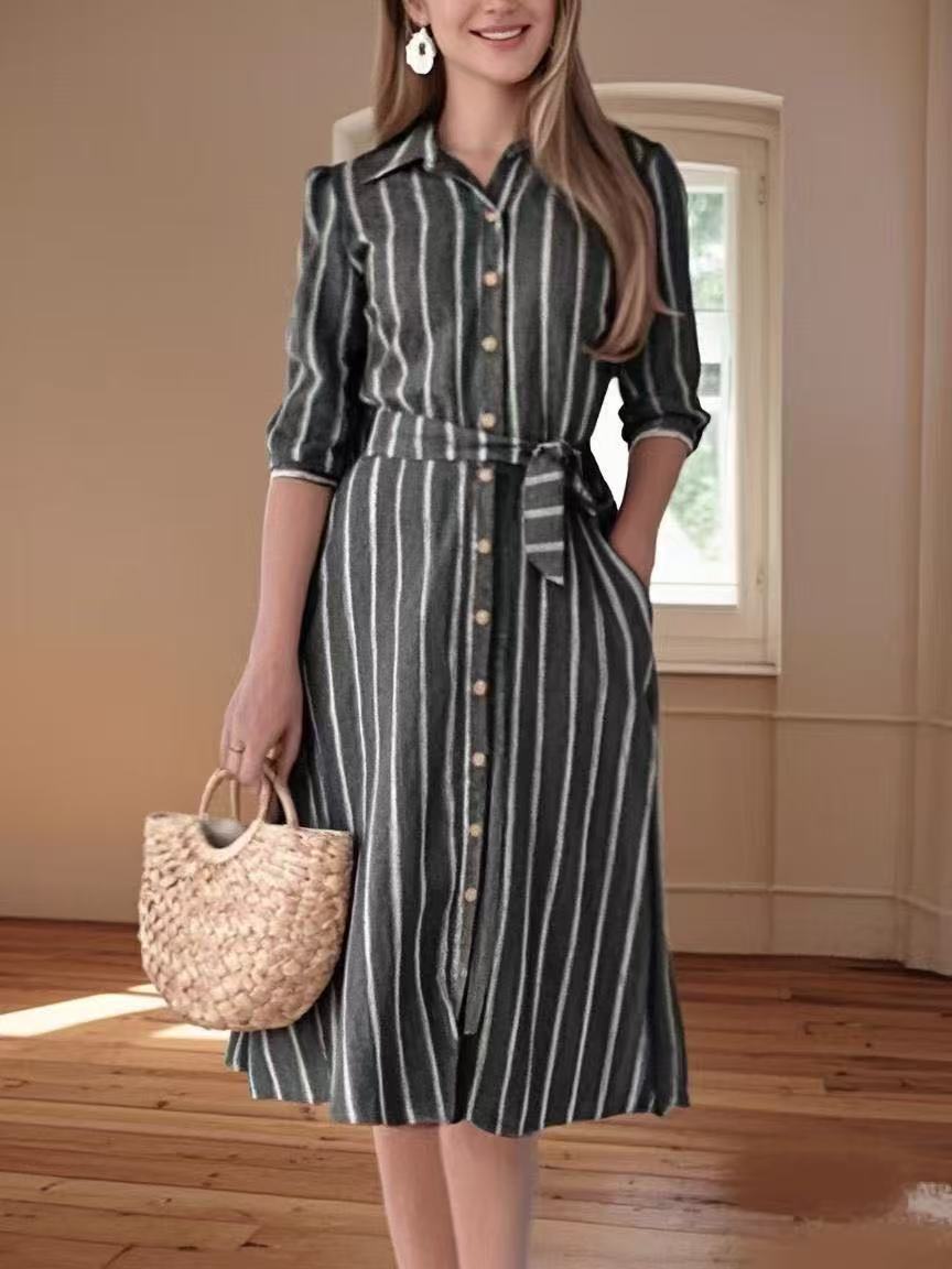 Women's Summer Plus Size Cotton Polyester Blended Striped Dress - PratSN